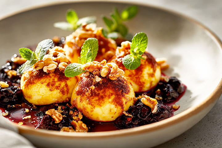 Topfenknödel mit Ingwer-Hollerröster in Nahaufnahme