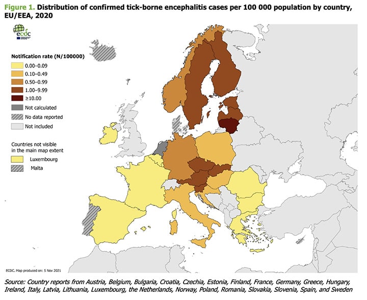 Zahl der bestätigten FSME Fälle in Europa